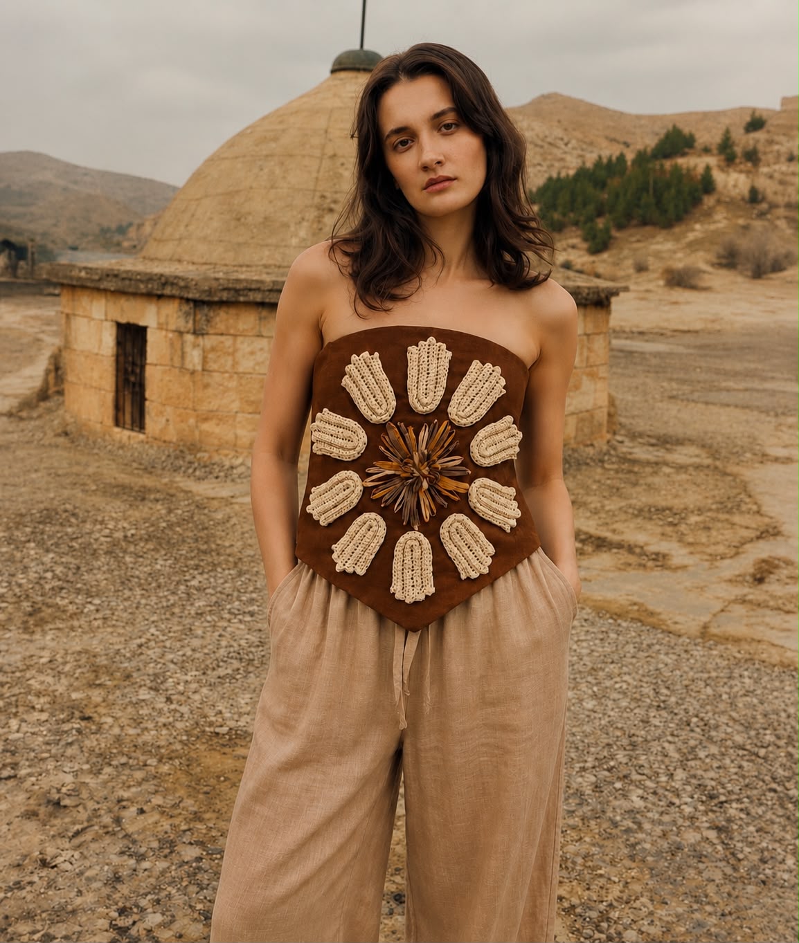 Elara Linen Top - Koyu Kahve